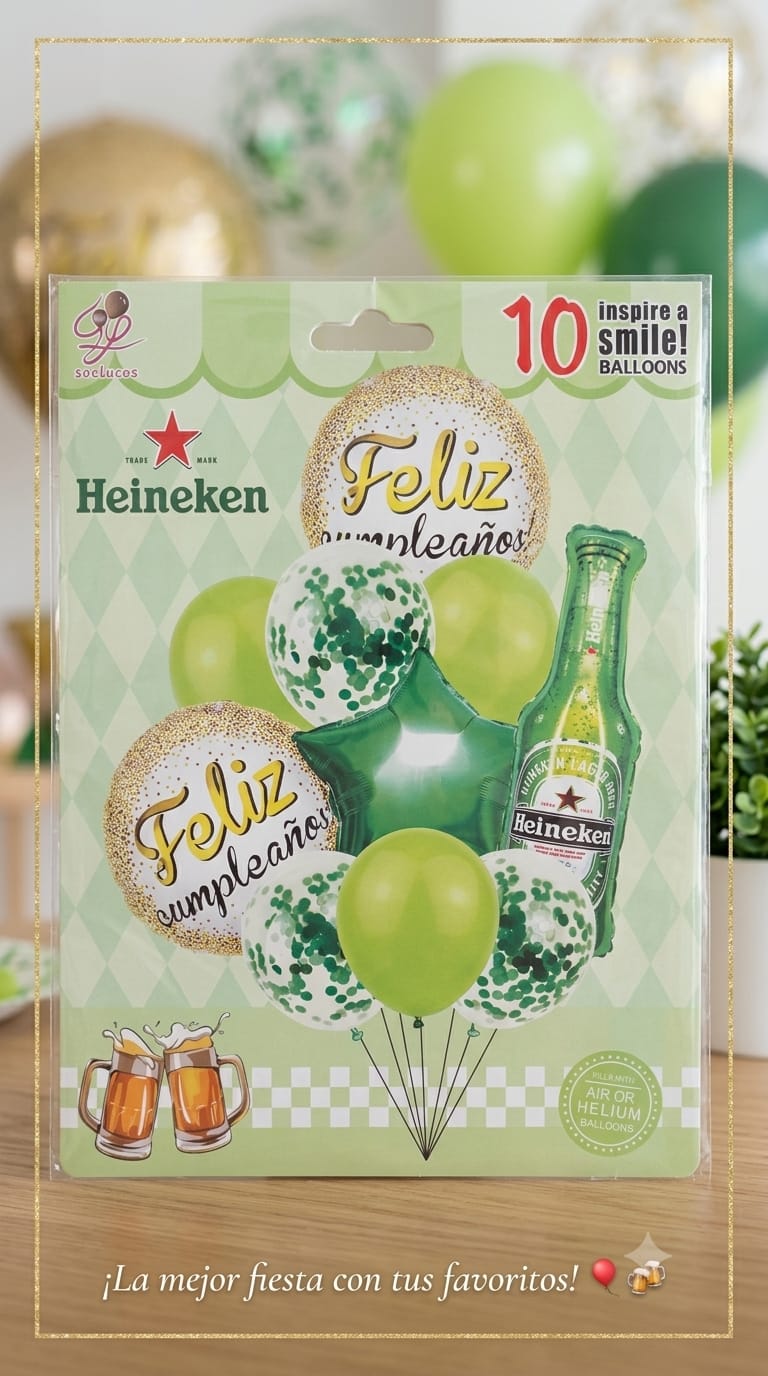 WhatsApp Image 2026-07-14 at 11.06.57 Set de Globos FELIZ CUMPLEAÑOS BOTELLA HEINEKEN. 10 Globos - Imagen 1