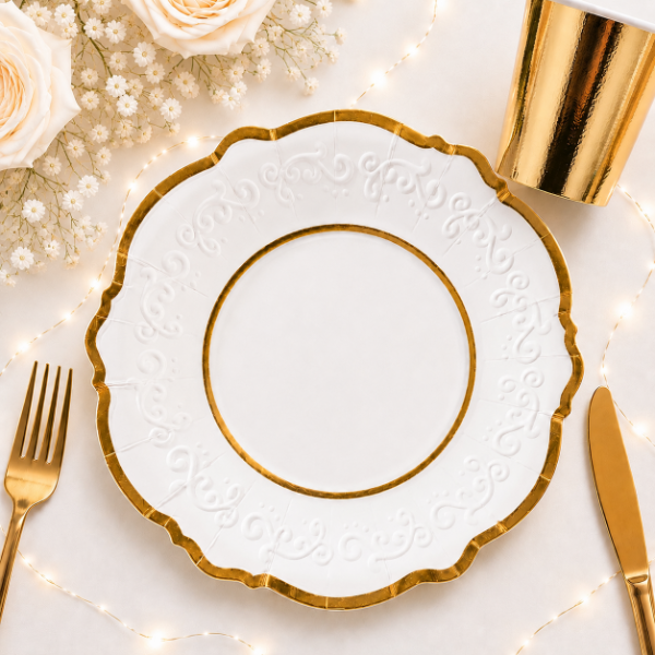 Plato Liberty Relieve Blanco y Dorado 21 cm  Trae 10 Unidades.