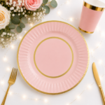 Plato Doble Borde Dorado Rosa Pastel 23 cm  Trae 10 Unidades.
