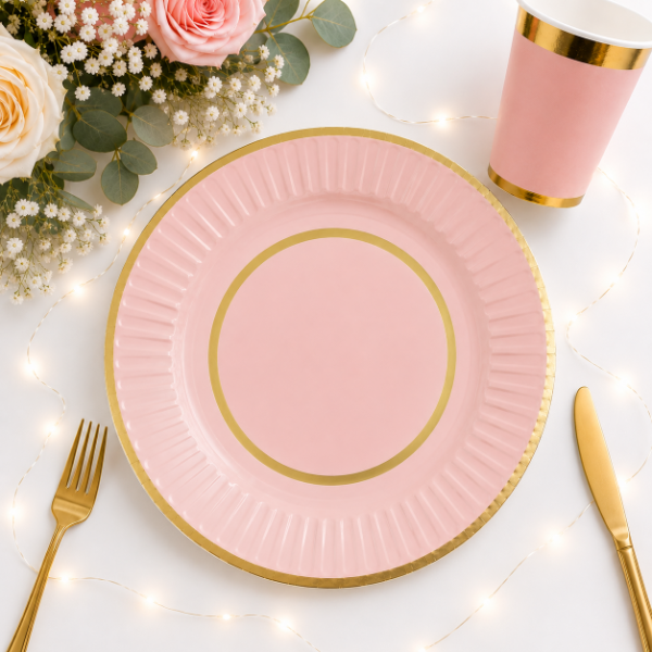 Plato Doble Borde Dorado Rosa Pastel 23 cm  Trae 10 Unidades.