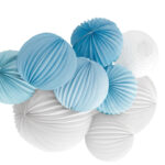 LAMPARAS DE PAPEL ACORDEON  x 3 Unidades en 3 Medidas: CELESTE Y BLANCO