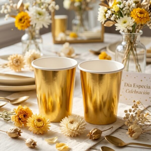 Vaso Polipapel Metalizado  Dorado Pleno Trae 10 Unidades.
