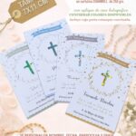 Estampas de Comunion MODELO MILAN.  Cartulina Chambrill  250gr . Con Aplique CRUZ HOLOGRAFICA. Incluye caja Portaestampa.