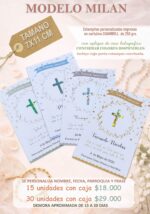 Estampas de Comunion MODELO MILAN.  Cartulina Chambrill  250gr . Con Aplique CRUZ HOLOGRAFICA. Incluye caja Portaestampa.