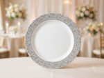 Platos PREMIUN LUJO MODELO VERSALLES PLATA . De Plastico Resistente Reutilizable con Stamping x 10. Diametro 26 cm.