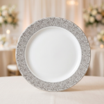 Platos PREMIUN LUJO MODELO VERSALLES PLATA . De Plastico Resistente Reutilizable con Stamping x 10. Diametro 26 cm.