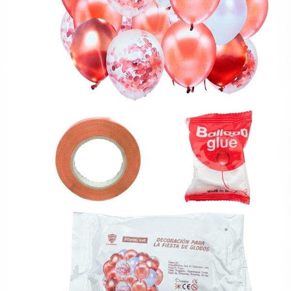 Set de Globos 50 Piezas: Perlados Chromos  Confetti  y Cinta Link: GOLDROSE Y BLANCO
