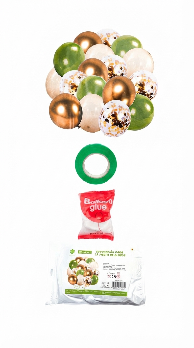 Gemini_Generated_Image_iby4t2iby4t2iby4 Set de Globos 50 Piezas: Perlados Chromos Confetti y Cinta Link: VERDE DORADO Y NUDE - Imagen 1