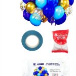 Set de Globos 50 Piezas: Perlados Chromos  Confetti  y Cinta Link: CELESTE AZUL DORADO
