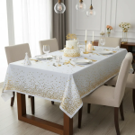 Mantel Metalizado Descartable Premiun Blanco con Lunares Dorados . Mide 1.37x1.83 mts.  REUSABLE