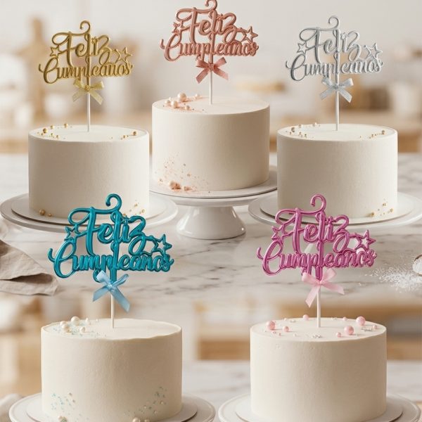 Cake Topper Metalizado FELIZ CUMPLEAÑOS CURSIVO ESTRELLAS. 5 Colores.