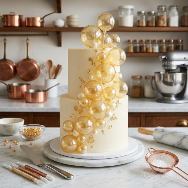 Cake Topper ESFERAS CRISTAL  DORADAS x 6. Varias Medidas.