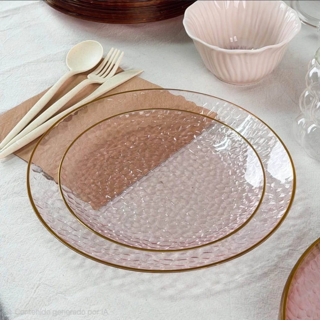 WhatsApp Image 2026-10-21 at 13.35.55 Platos PREMIUN LUJO MODELO VINTAGE ROSE CRISTAL . De Plastico Resistente Reutilizable con Stamping x 10. Diametro 26 cm. - Imagen 1