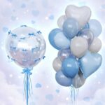 Set  DE GLOBOS COQUETTE  35PCS CORAZON/ESTRELLA CELESTE Y BLANCO