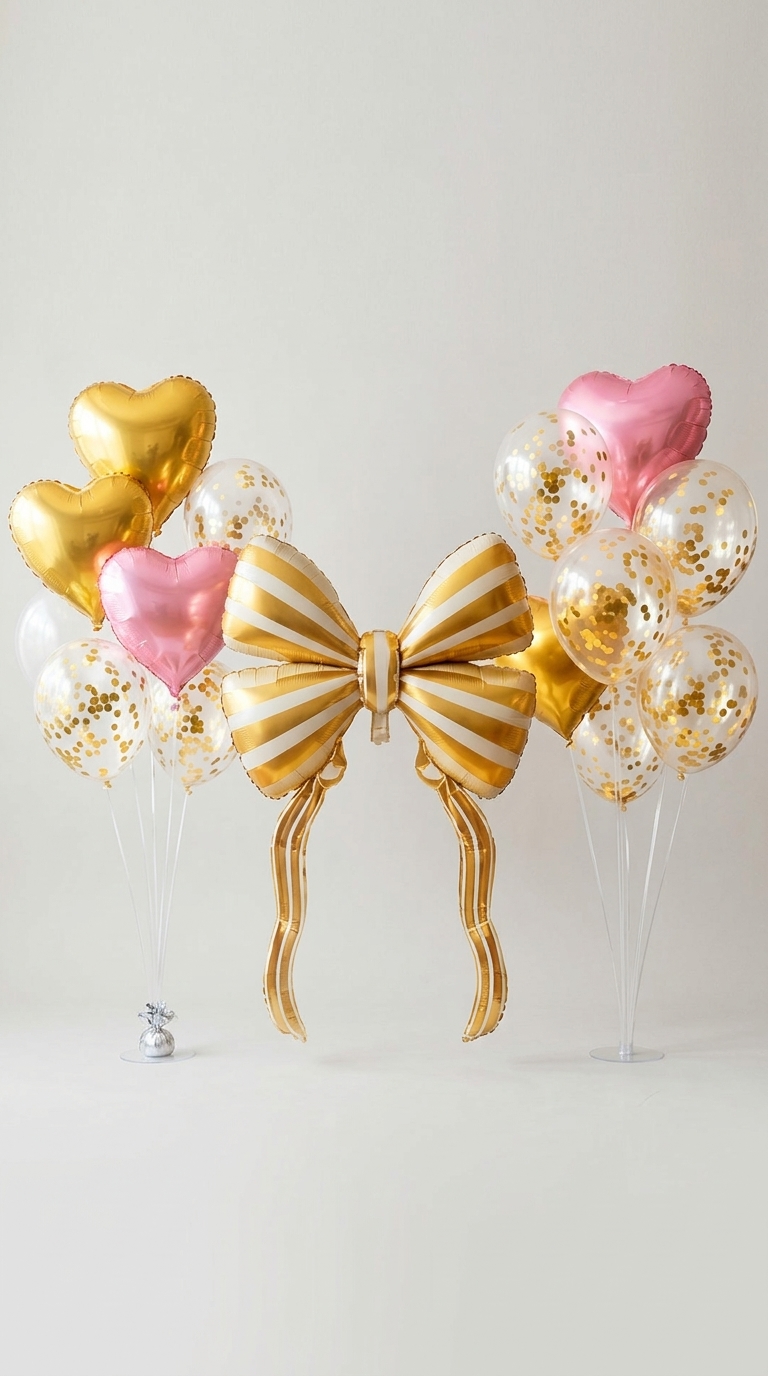 setglobo1 Set de Globos COQUETTE MOÑO RAYADO DORADO Y BLANCO 17 Piezas. - Imagen 1