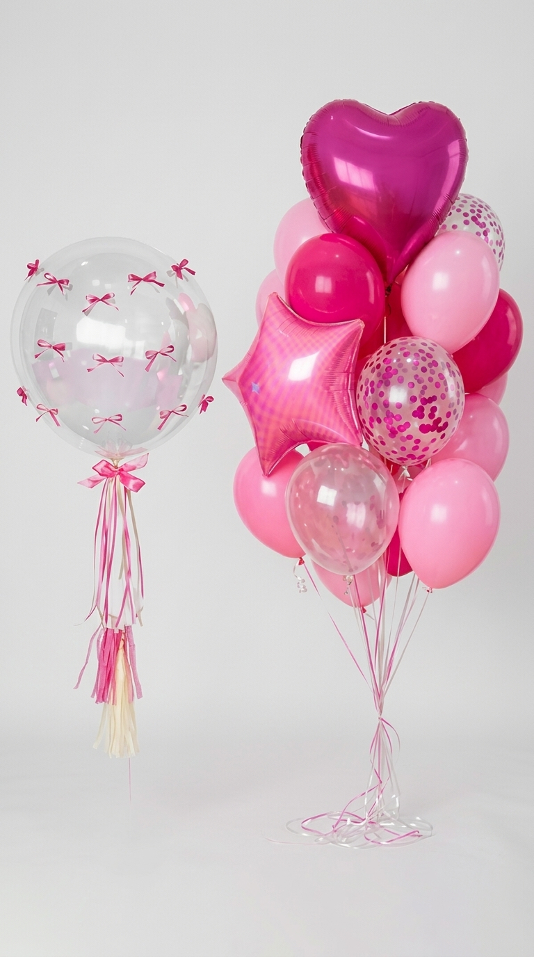 setglobo4 Set DE GLOBOS COQUETTE 35PCS CORAZON/ESTRELLA FUCSIA/ROSA - Imagen 1